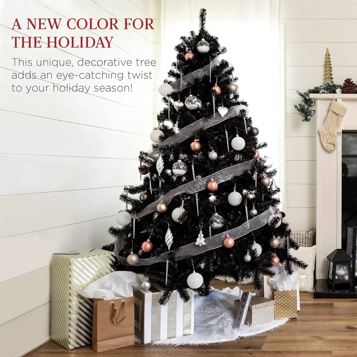 6ft pre-lit black Christmas tree by Lamp Post with 947 branch tips, full artificial holiday decoration for home, office, or party.