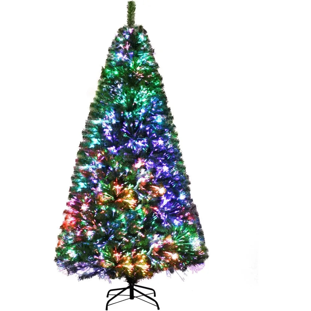 7ft Lamp Post artificial Christmas spruce tree with metal stand, 820 branch tips, green color, and colorful holiday lights.