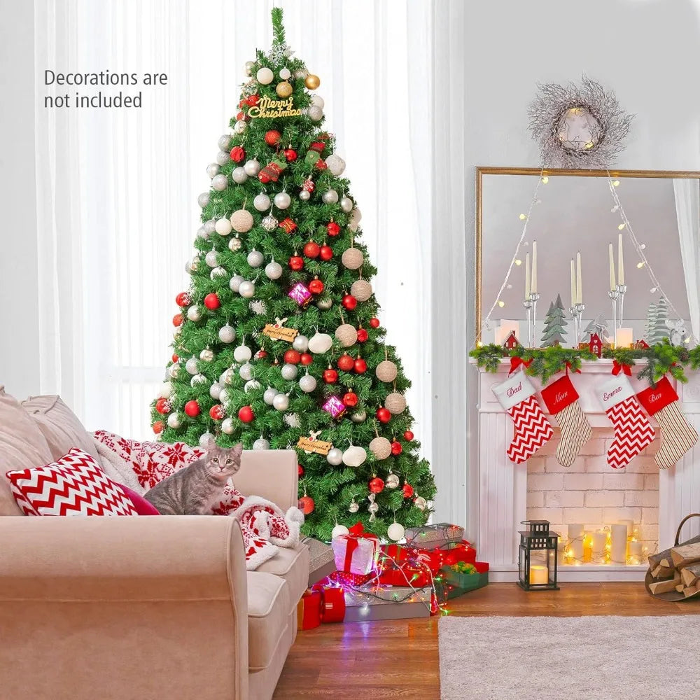 7FT artificial Christmas tree by Lamp Post with 820 branch tips, green spruce design, colorful lights, and metal stand.