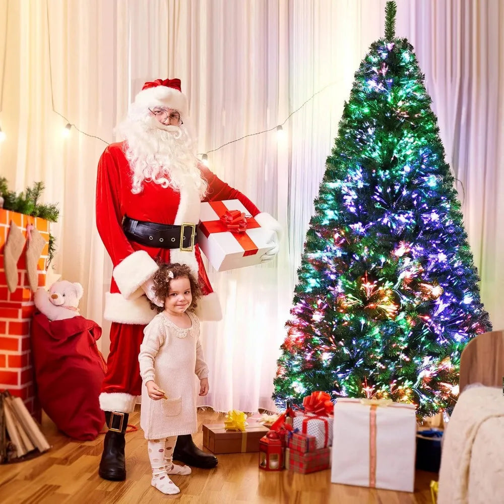 7FT Lamp Post artificial Christmas spruce tree with 820 branch tips, green color, colorful lights, and metal stand for holiday decoration.
