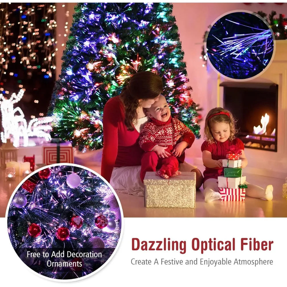 7FT Lamp Post artificial Christmas tree with 820 branches, green spruce design, colorful lights, and metal stand for holiday decor.
