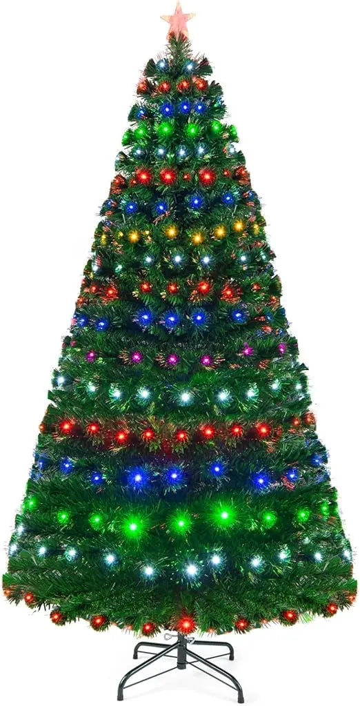 7FT artificial Christmas tree by Lamp Post with green spruce branches, 820 tips, and metal stand, decorated with colorful lights.