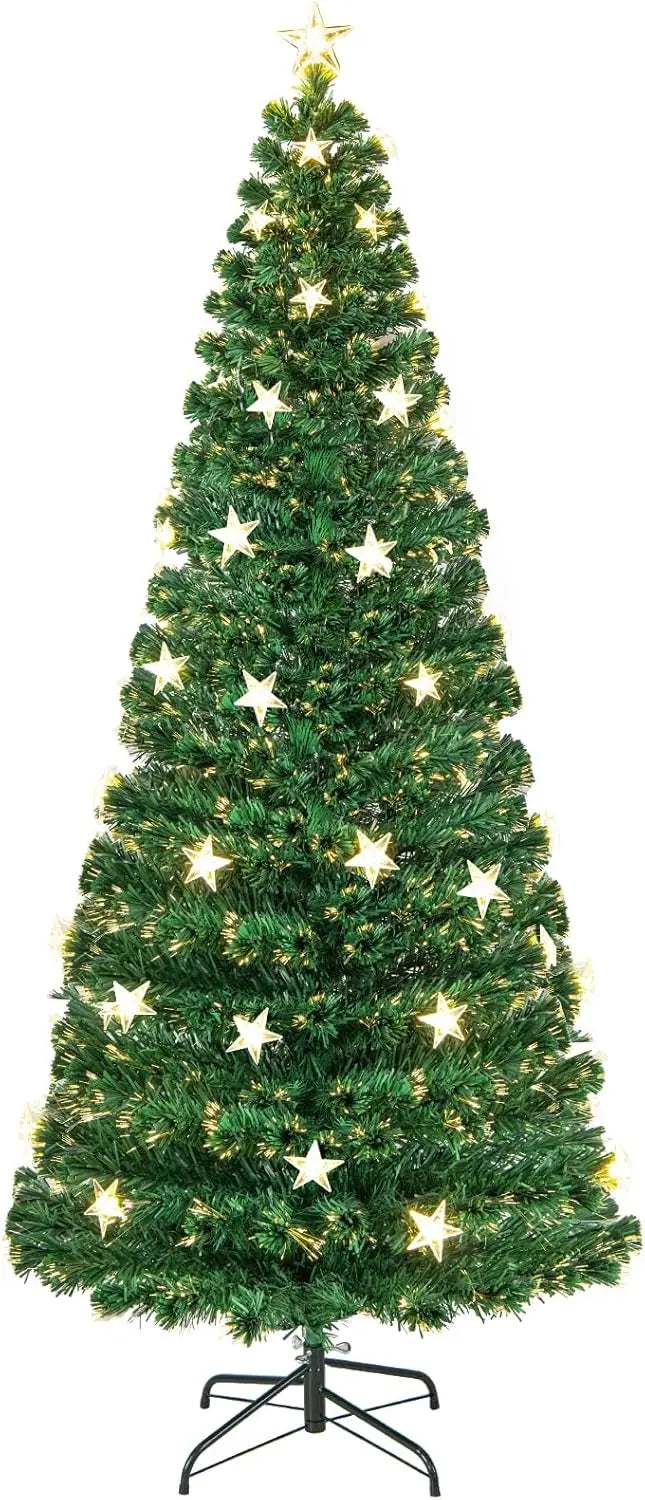 7ft artificial Christmas tree by Lamp Post with 820 branch tips, green spruce design, colorful lights, and metal stand.