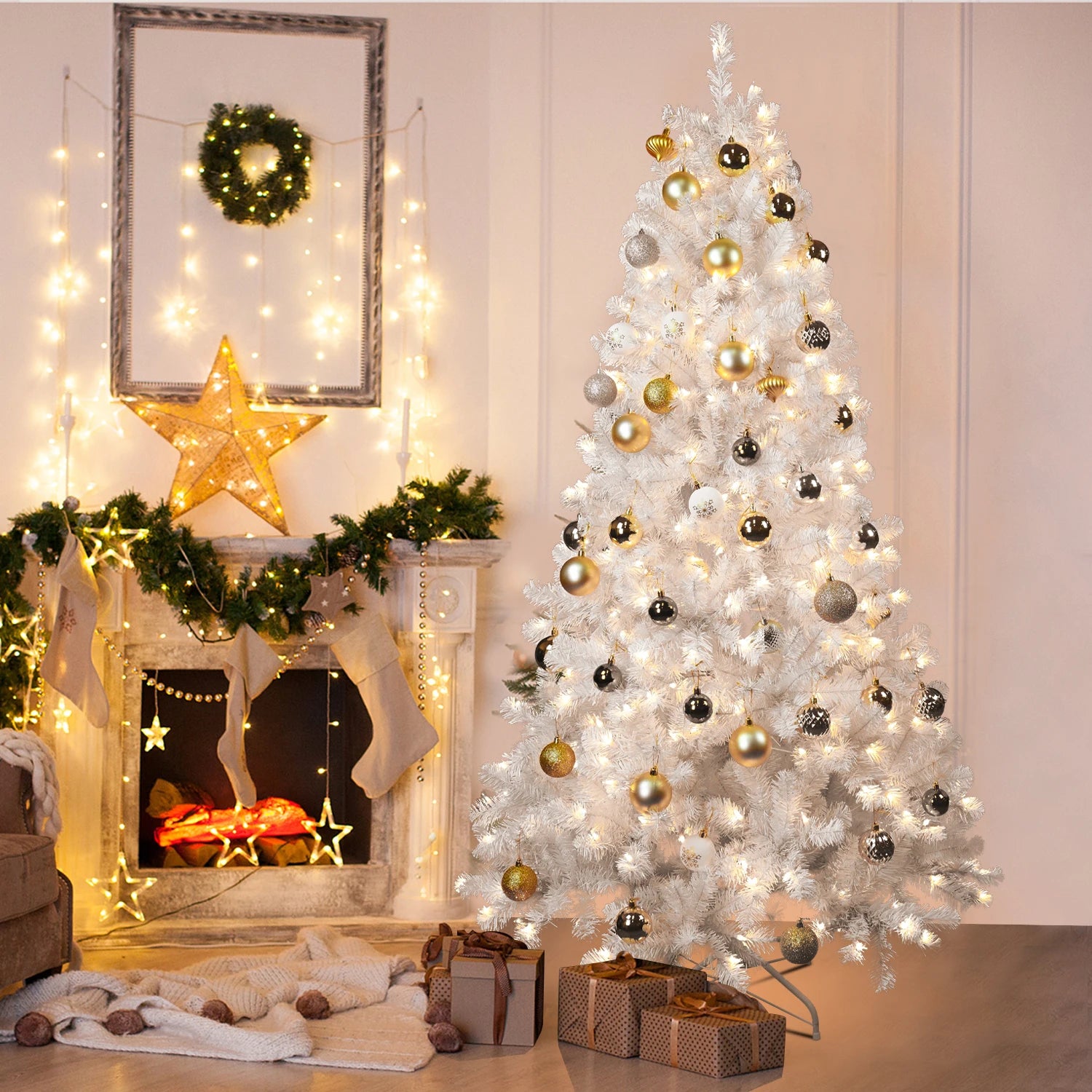 Artificial Christmas Tree with sturdy stand, Lamp Post brand, available in 4 to 9 feet, showcasing full evergreen branches for holiday decorating.