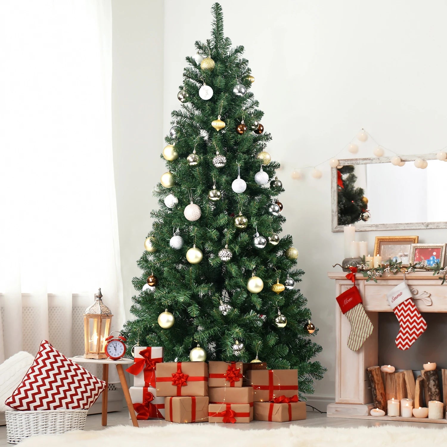 Artificial Christmas tree with sturdy stand by Lamp Post, available in 4 to 9 feet, ideal for holiday decoration.