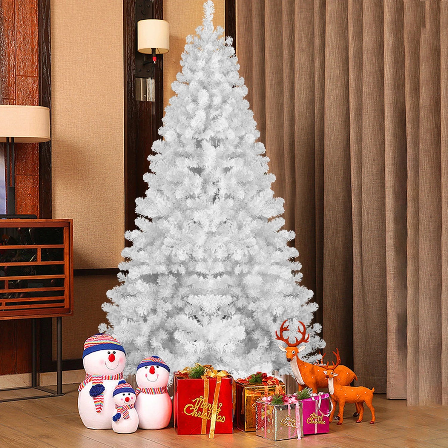 Artificial Christmas tree with sturdy stand from Lamp Post, 4 to 9 feet tall, decorated for holiday season.