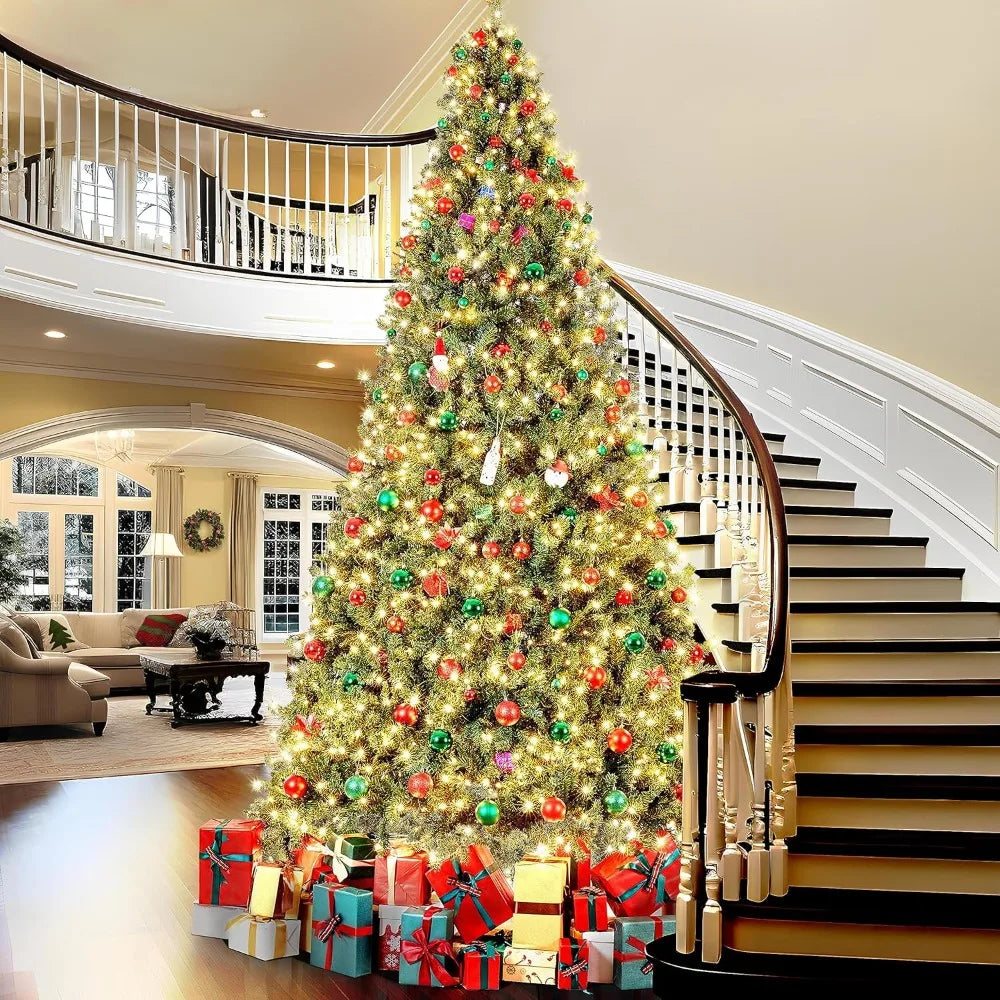 Lamp Post 12ft pre-lit artificial spruce Christmas tree with 1500 warm lights, hinged design, ideal for holiday home and party decorations.