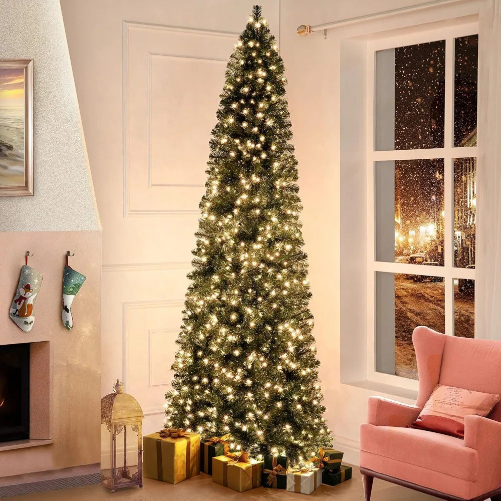 Lamp Post 4.5 ft artificial Christmas tree with 1102 tips, 350 warm lights, metal stand, realistic skinny pencil design.
