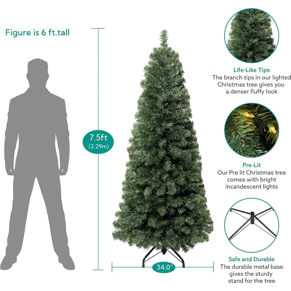 Lamp Post artificial Christmas tree with 1102 branch tips, 350 warm lights, metal stand, realistic skinny pencil design, 34 inches wide.