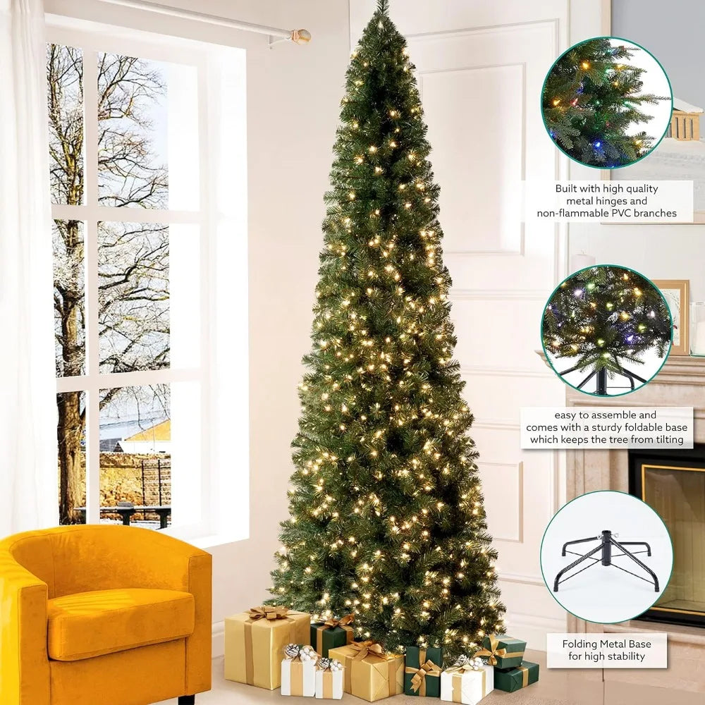 Realistic 4.5 ft Lamp Post artificial Christmas tree with 1102 tips, 350 warm lights, metal stand, slim pencil style, perfect for holiday decor.