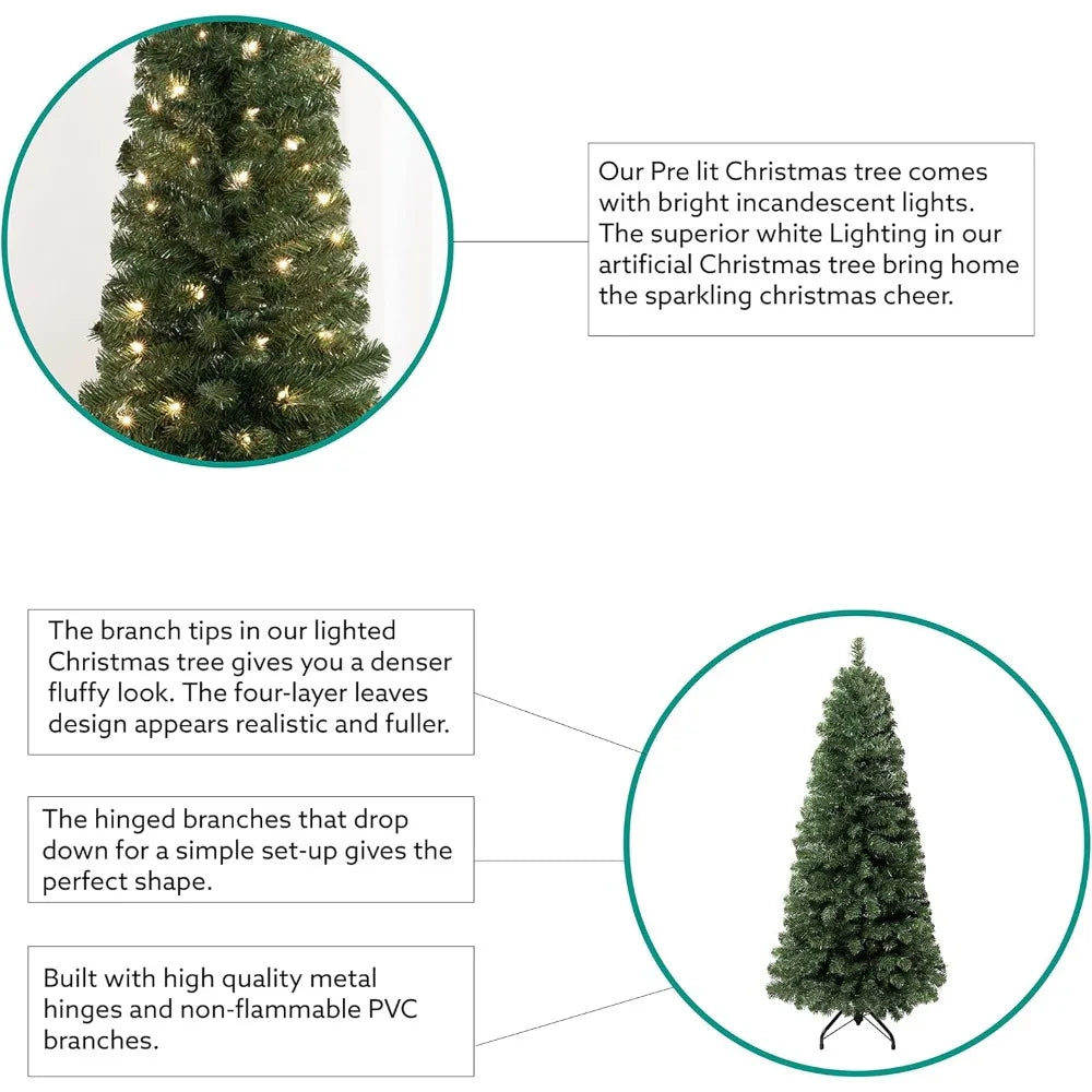 Artificial Christmas Tree by Lamp Post with 1102 tips, 350 warm lights, metal stand, 34-inch wide realistic skinny pencil shape.