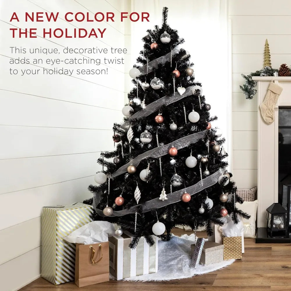 Black artificial Christmas tree with 947 PVC branch tips, metal hinges, and foldable base, ideal for holiday decorating.