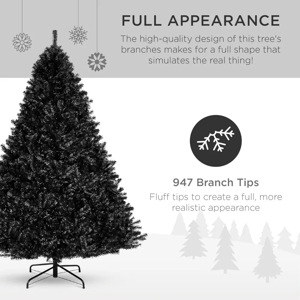 Full black artificial Christmas tree with 947 PVC branch tips, metal hinges, foldable base, ideal for holiday decoration.