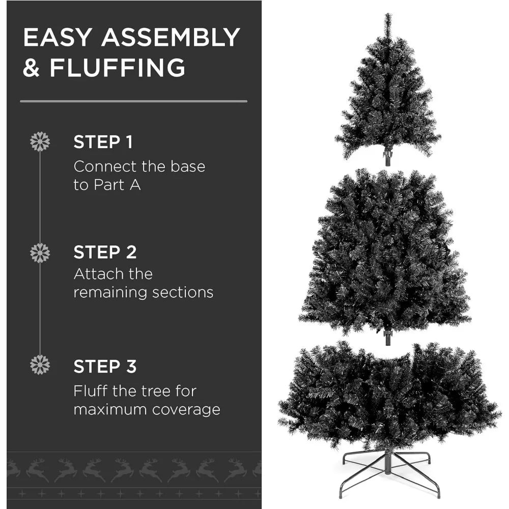 Black artificial Christmas tree with 947 PVC branch tips, metal hinges, foldable base, perfect for holiday decor by Lamp Post.