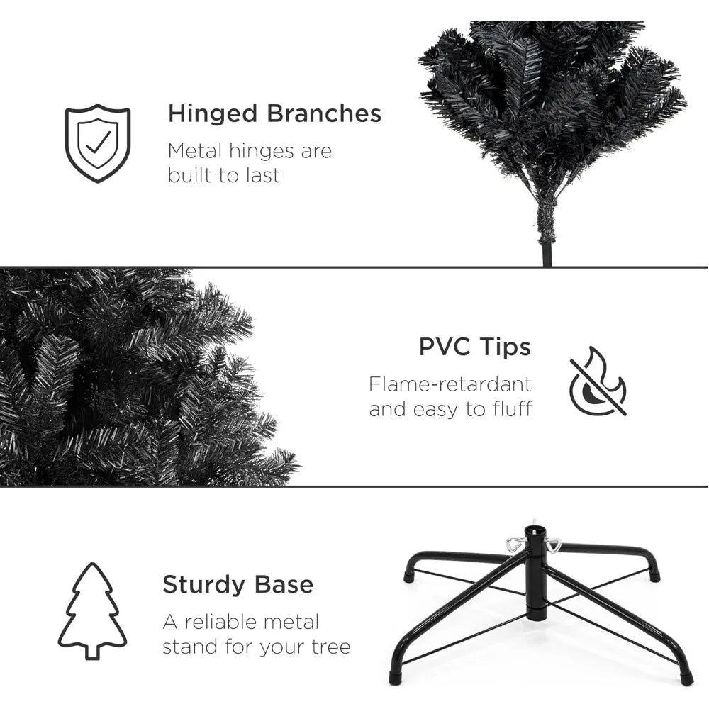 Full black artificial Christmas tree by Lamp Post with 947 PVC branch tips, metal hinges, and foldable base for holiday decor.
