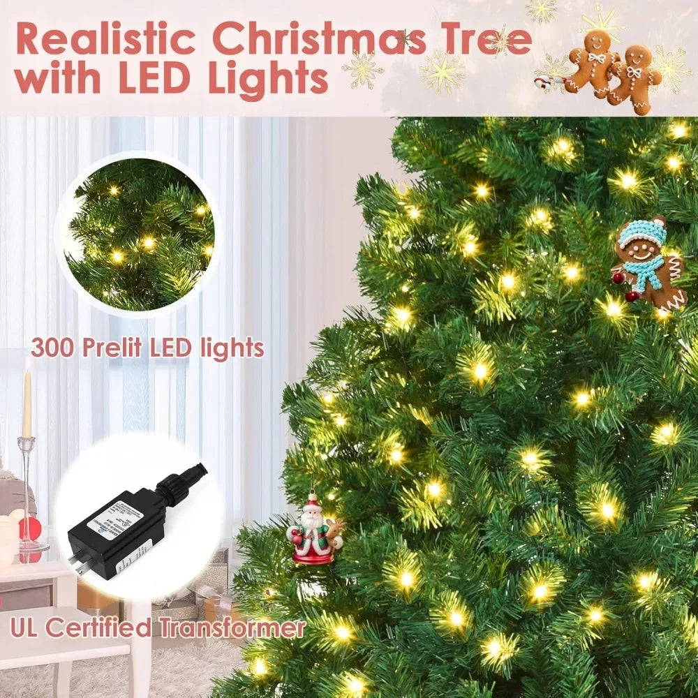 Lamp Post 7ft prelit Christmas tree with 1096 PVC branches, 300 warm white LED lights, metal hinge, indoor holiday decor.