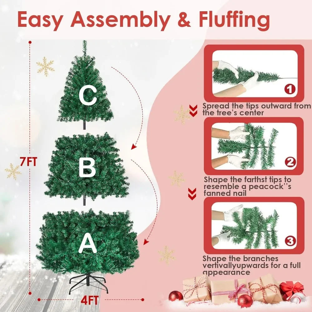 Lamp Post 7ft prelit Christmas tree with 1096 PVC branches, 300 warm white LED lights, metal hinge, indoor holiday decor.