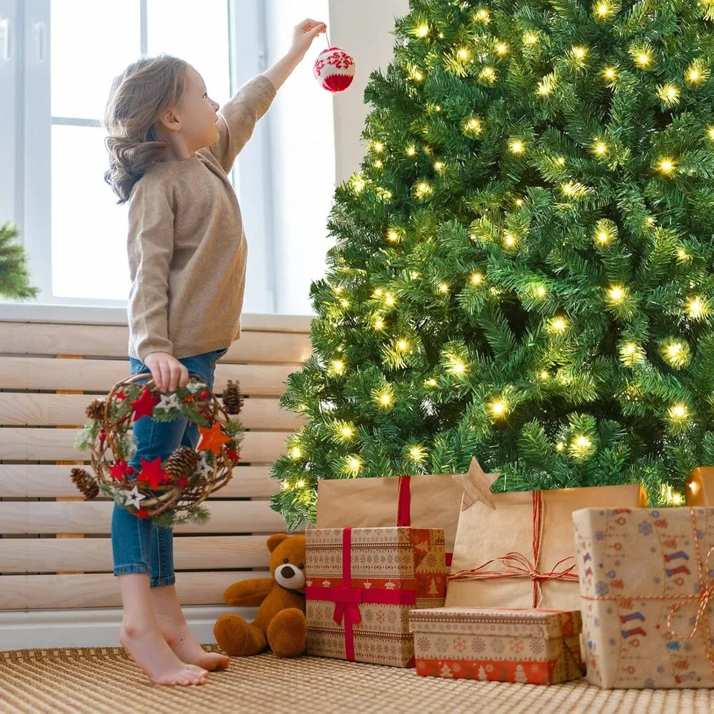Lamp Post 7ft prelit Christmas tree with 1096 PVC branches, 300 warm white LED lights, metal hinge for easy setup, indoor holiday decor.