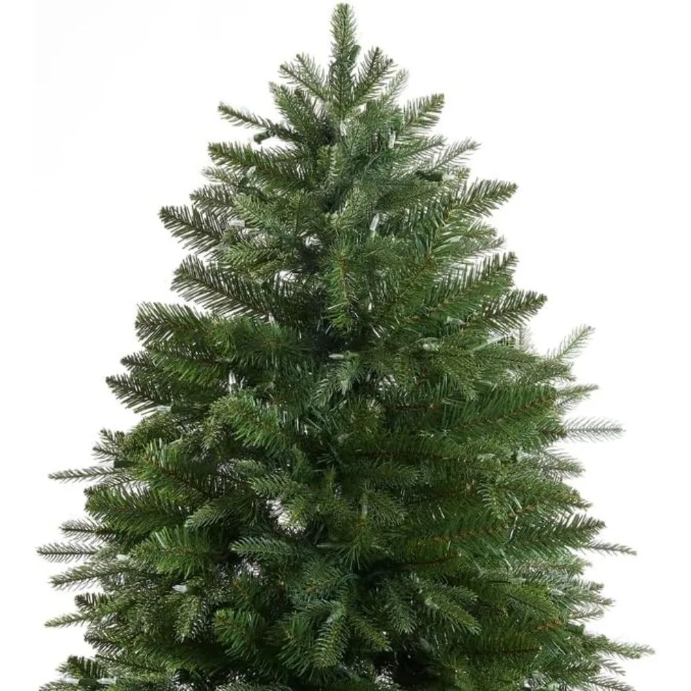 9-foot slim Christmas tree from Lamp Post with 900 warm lights and metal stand, perfect for holiday decorations.
