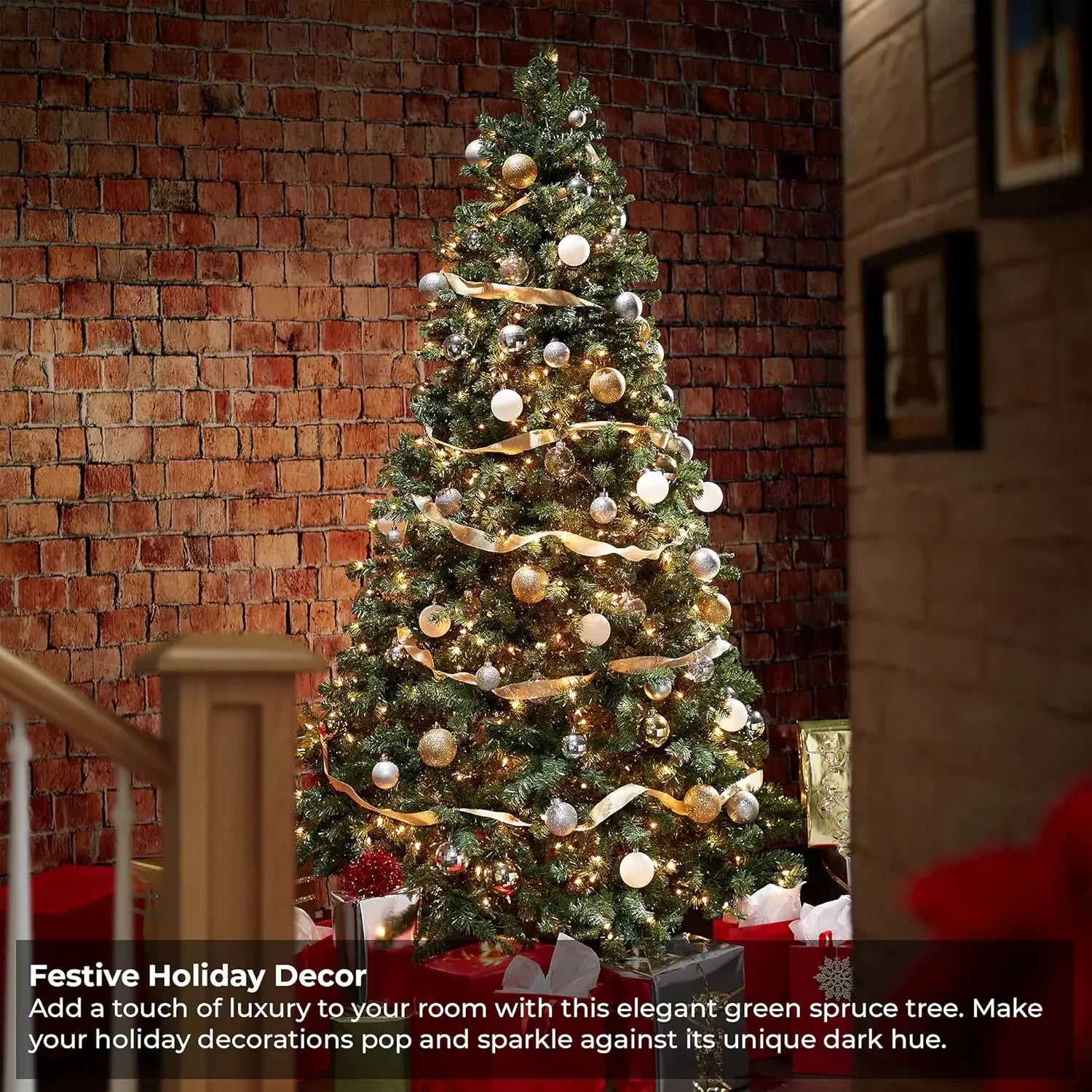 9ft Lamp Post realistic pre-lit green spruce Christmas tree with sturdy metal stand, ideal for holiday decoration, easy to assemble.