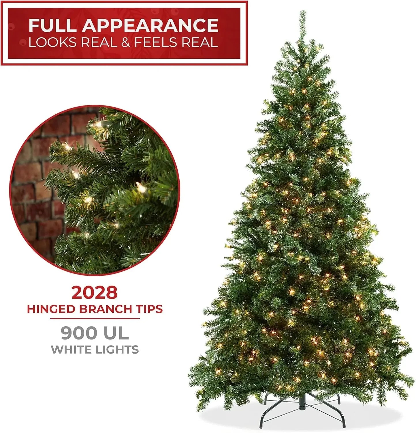 9ft realistic green artificial Christmas tree with pre-lit lights, sturdy metal stand, and easy assembly from Lamp Post.