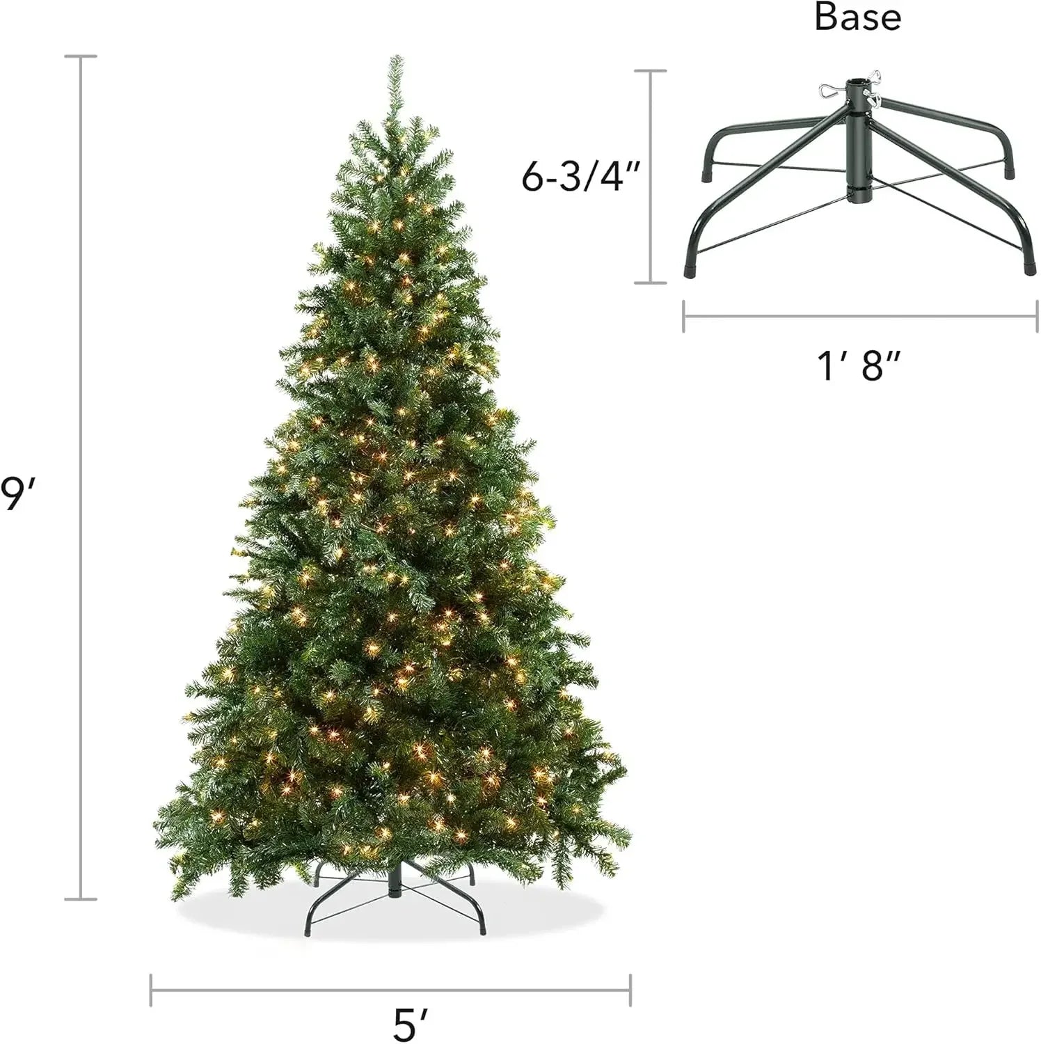 9ft realistic green artificial Christmas tree with pre-lit lights, sturdy metal stand, and easy assembly, perfect for holiday decoration.