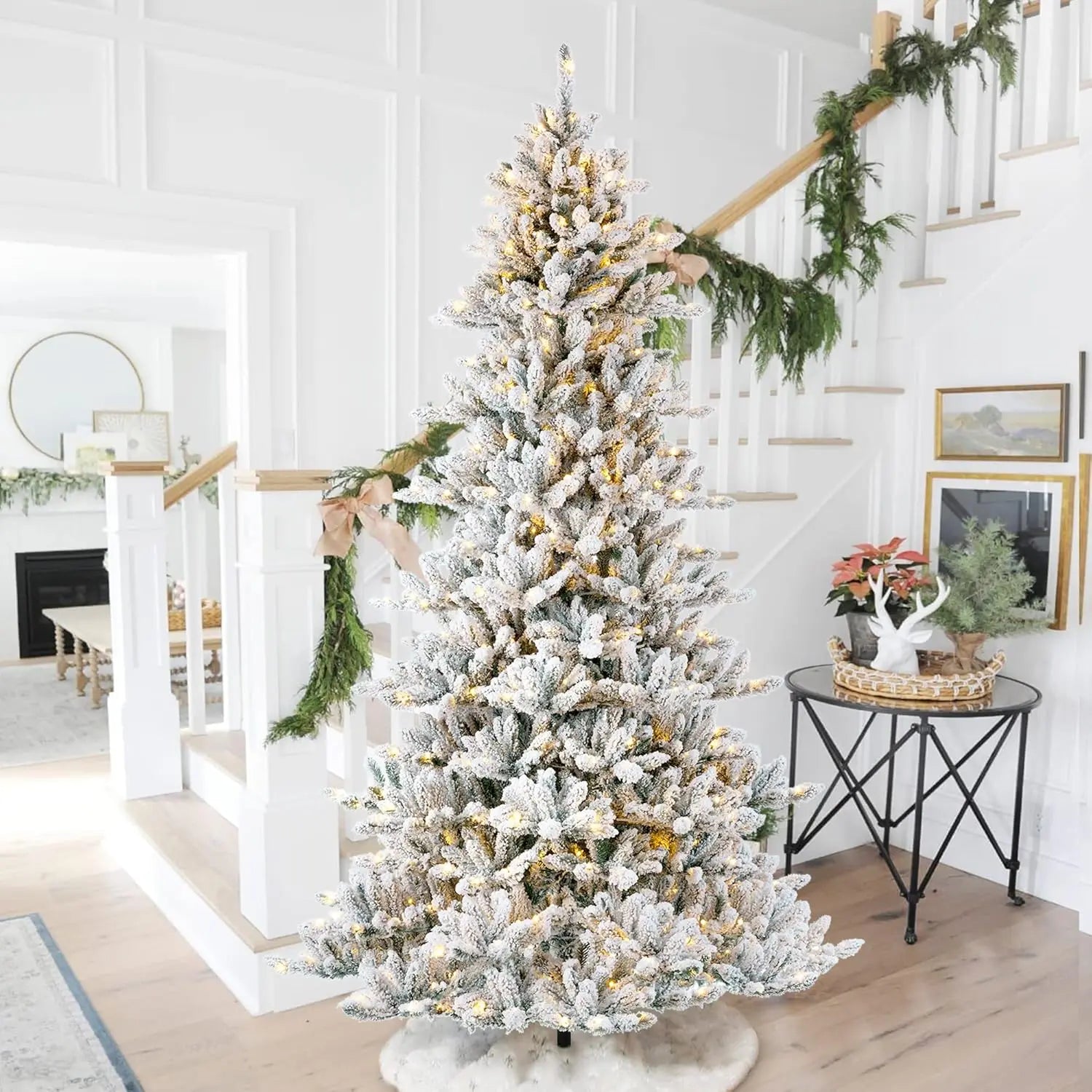 9 ft pre-lit Christmas tree decoration by Lamp Post, showcasing a tall festive Christmas tree with lights and ornaments.