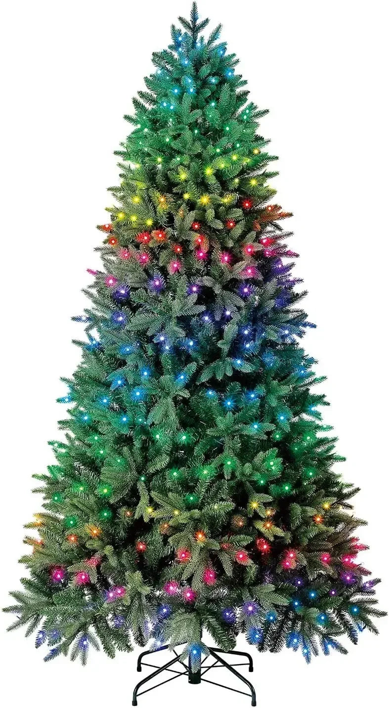 Lamp Post 7.5 ft Twinkly pre-lit Aspen Pine artificial Christmas tree with app-controlled multi-color RGB lights, ready for holiday decorating.