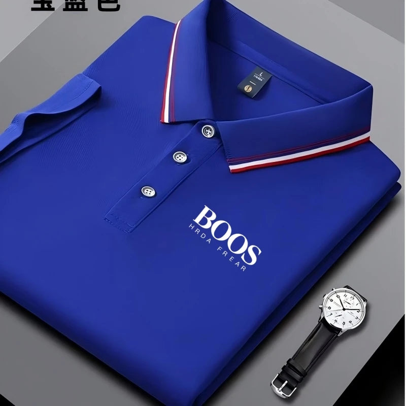 Men's short-sleeved polo shirt by Lamp Post, casual summer golf top with fashion design, lightweight cloth in black.