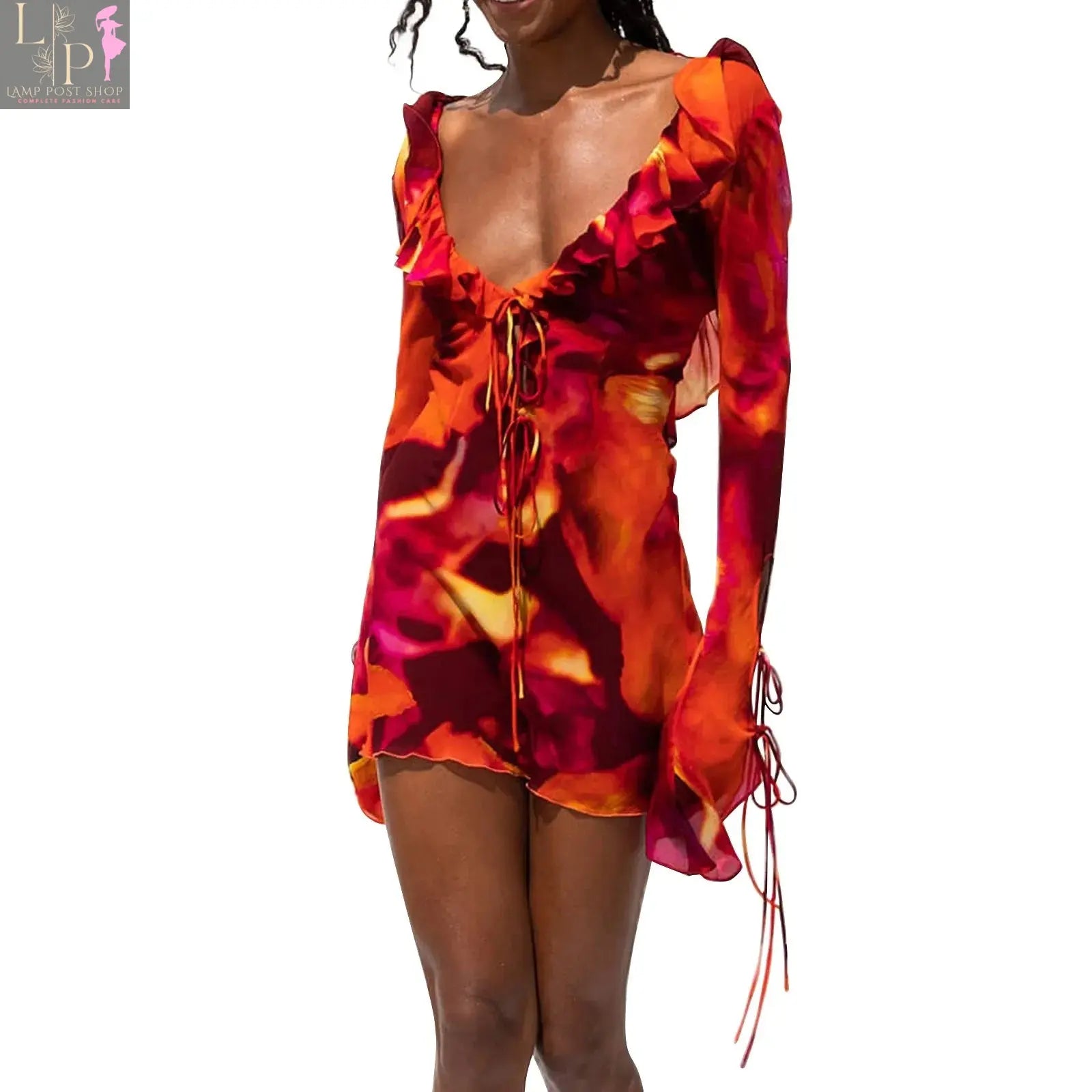 Lamp Post sexy tie-dye deep V ruffle dress with lace-up front, flirty long sleeves, and summer style for stylish women.