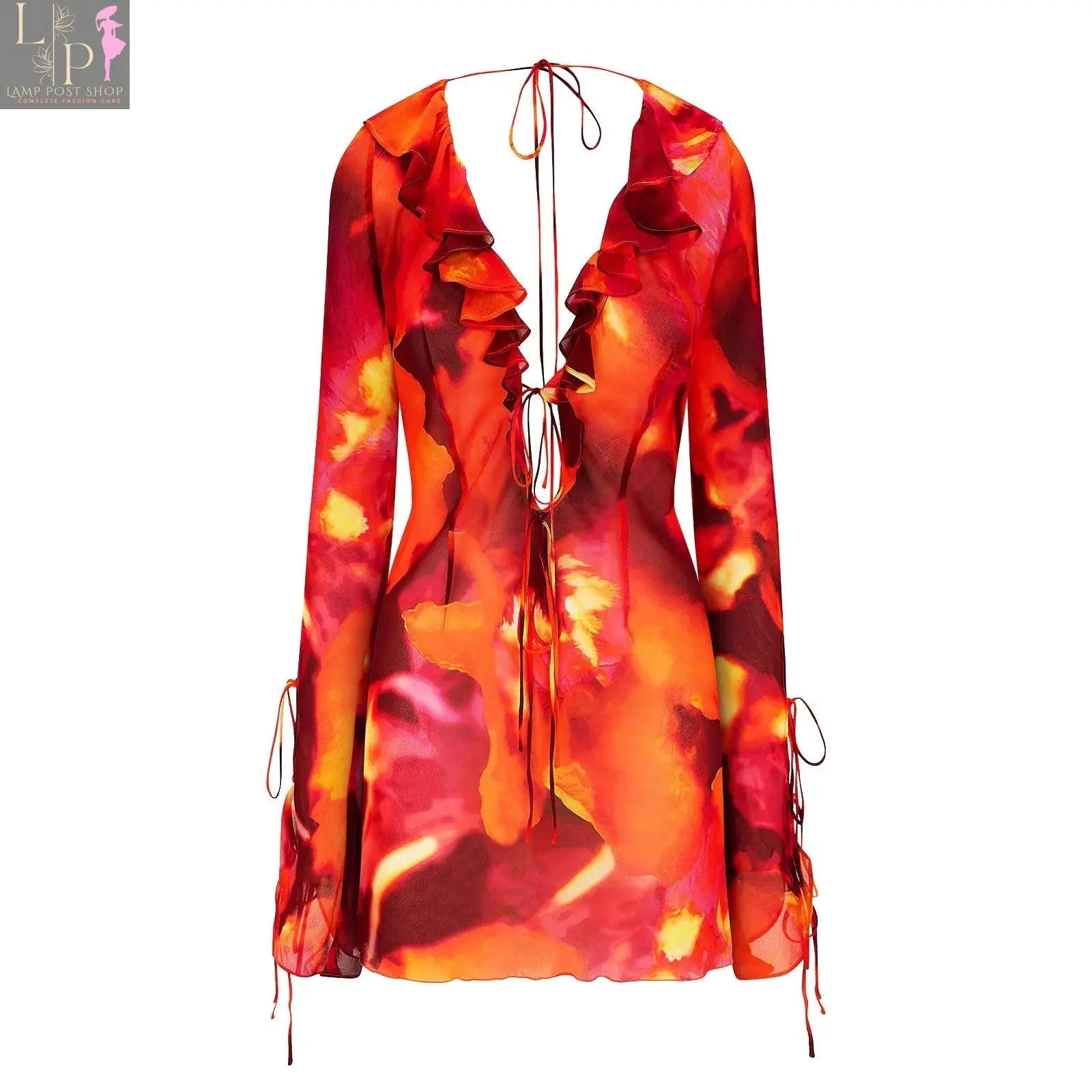 Lamp Post sexy tie-dye deep V ruffle dress with lace-up front, flirty long sleeves, perfect for summer fashion.