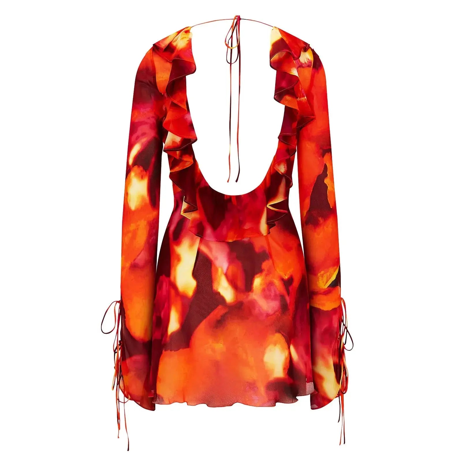 Lamp Post sexy tie-dye deep V ruffle dress with lace-up front, flirty long sleeves, perfect for summer fashion.