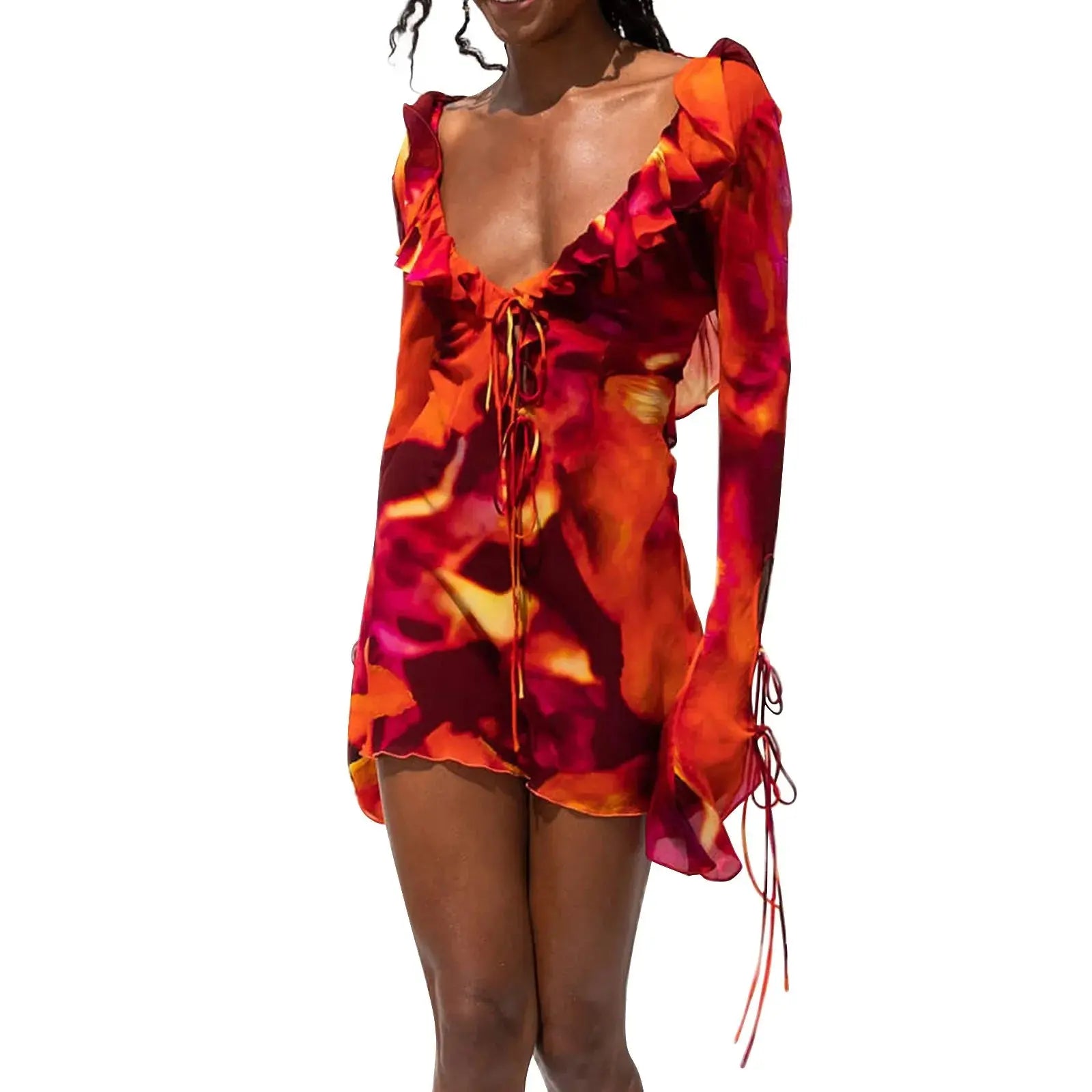 Lamp Post sexy tie-dye deep V ruffle dress with lace-up front, flirty long sleeves, perfect for summer fashion.