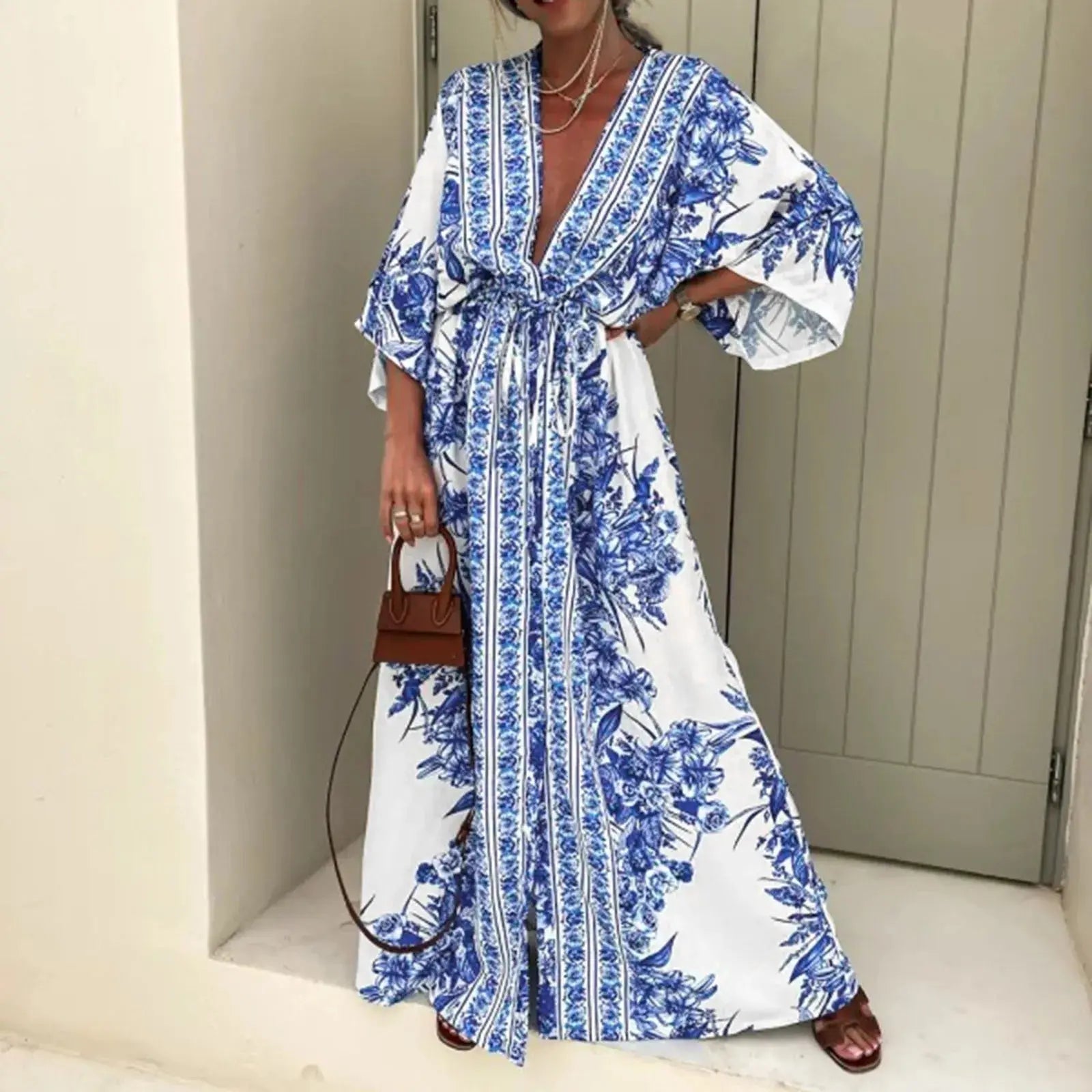 Beige Boho Chic Kimono Dress by Lamp Post with flowing fabric and relaxed fit, perfect for casual and stylish summer wear.