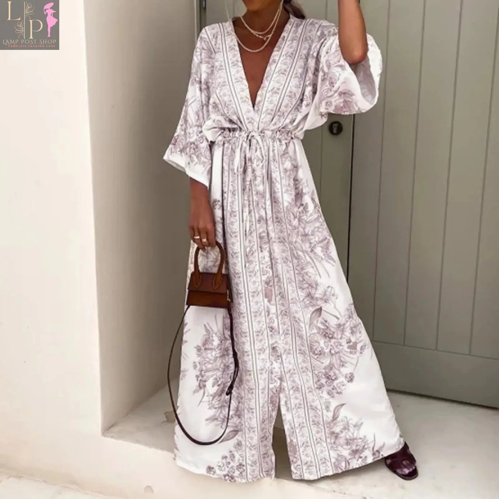 Beige Lamp Post Boho Chic Kimono Dress with flowing sleeves and relaxed fit, perfect for casual or bohemian style outfits.