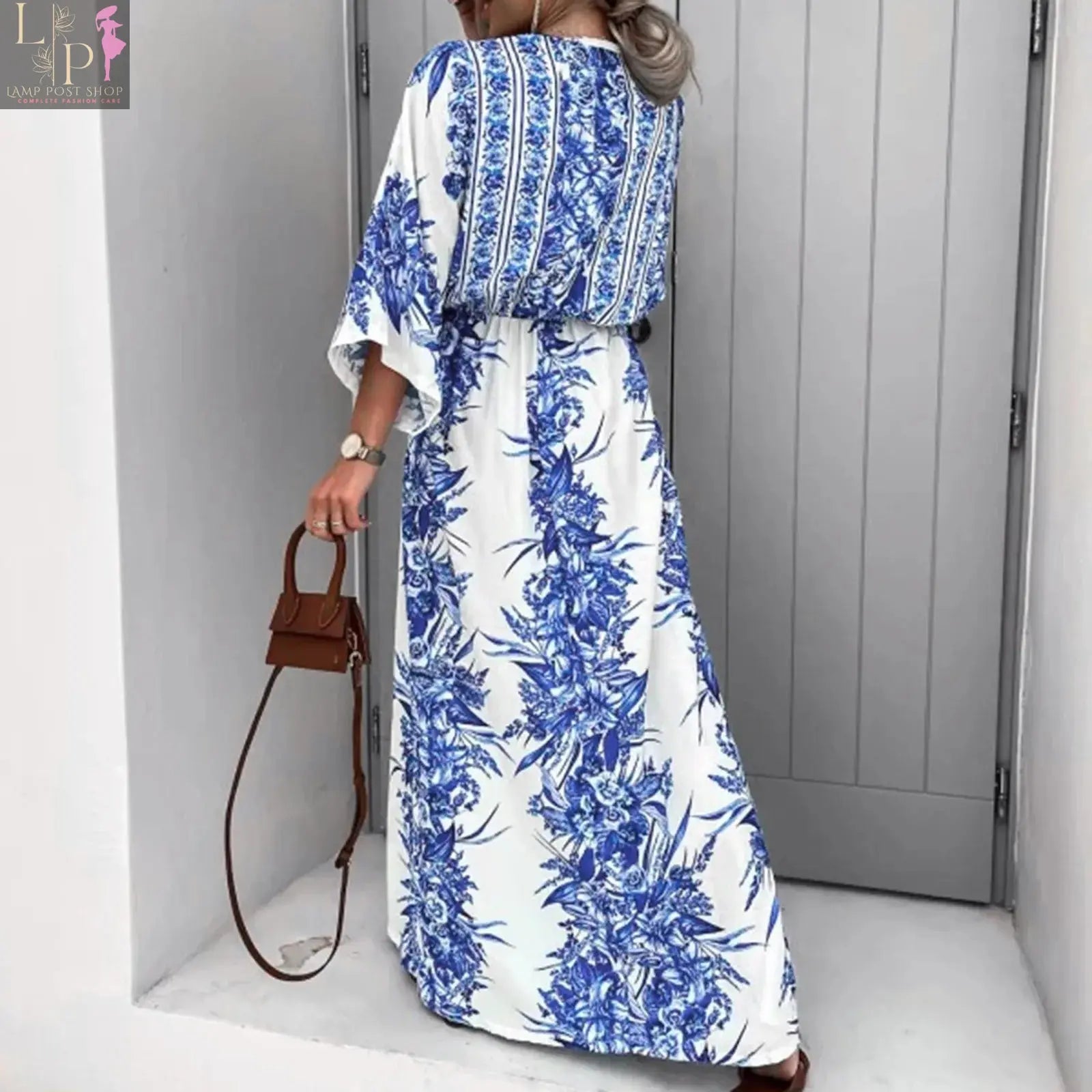 Beige Lamp Post Boho Chic Kimono Dress with flowing sleeves and bohemian pattern, perfect for casual or beachwear.