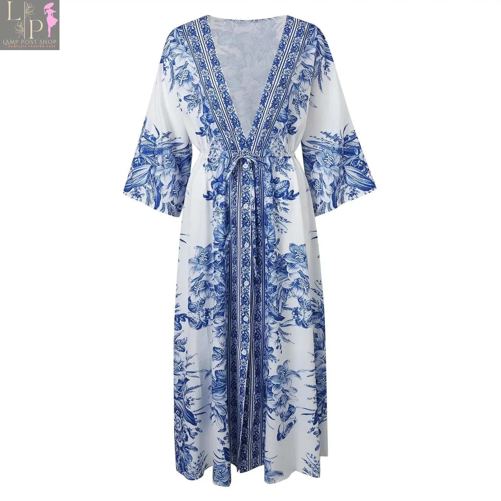 Beige Lamp Post Boho Chic Kimono Dress with flowy fabric and wide sleeves, perfect for casual or bohemian style outfits.