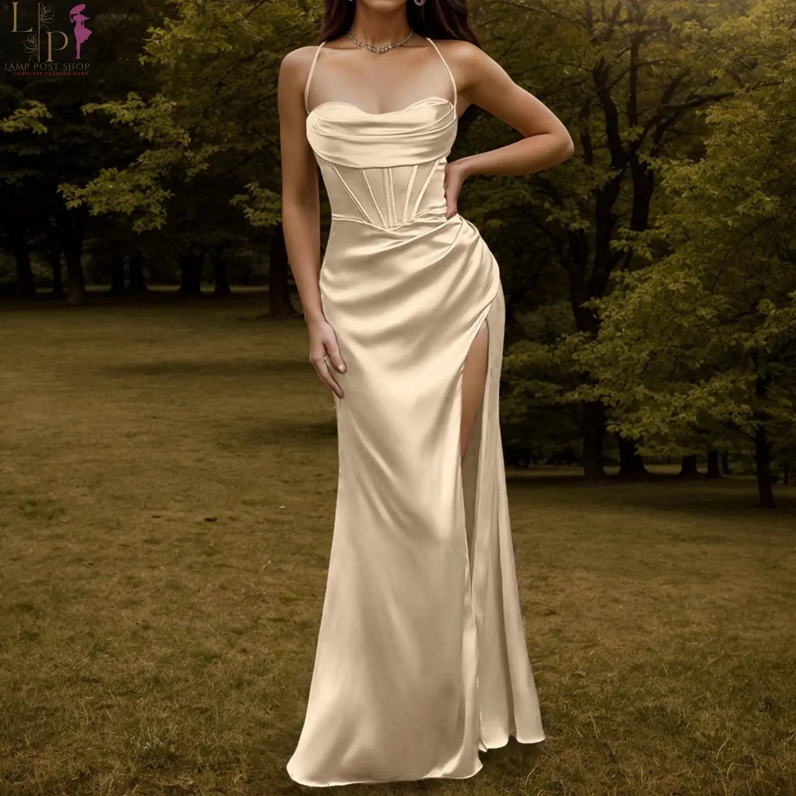 Beige women's evening dress by Lamp Post featuring a fishbone design, push-up style, bodycon fit, long elegant party gown.