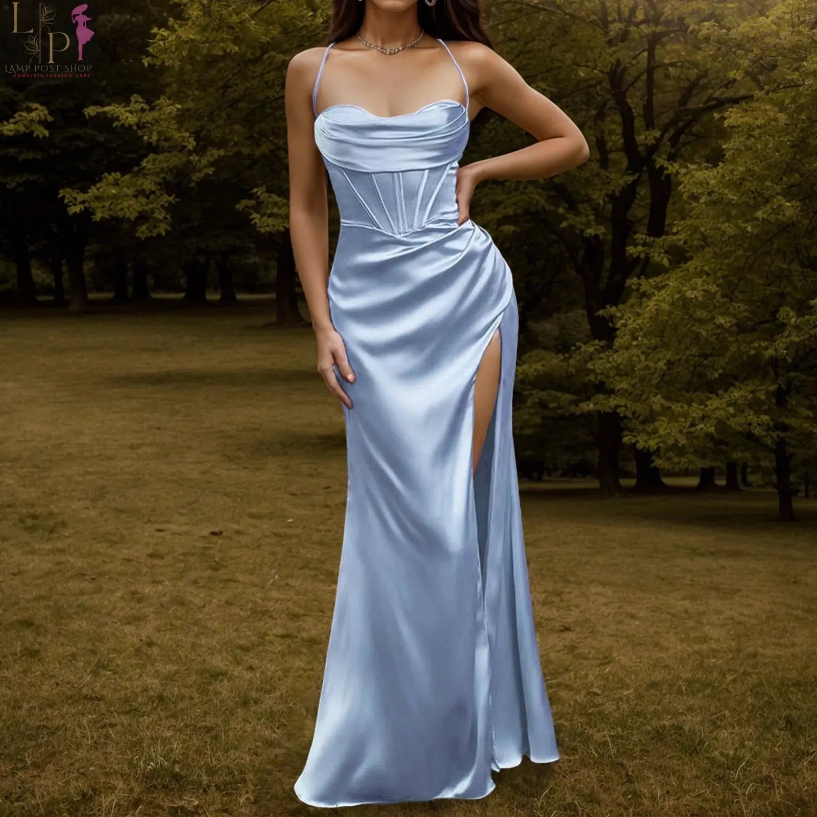 Beige women’s evening dress by Lamp Post featuring a fishbone design, push-up style, bodycon fit, long elegant party dress.
