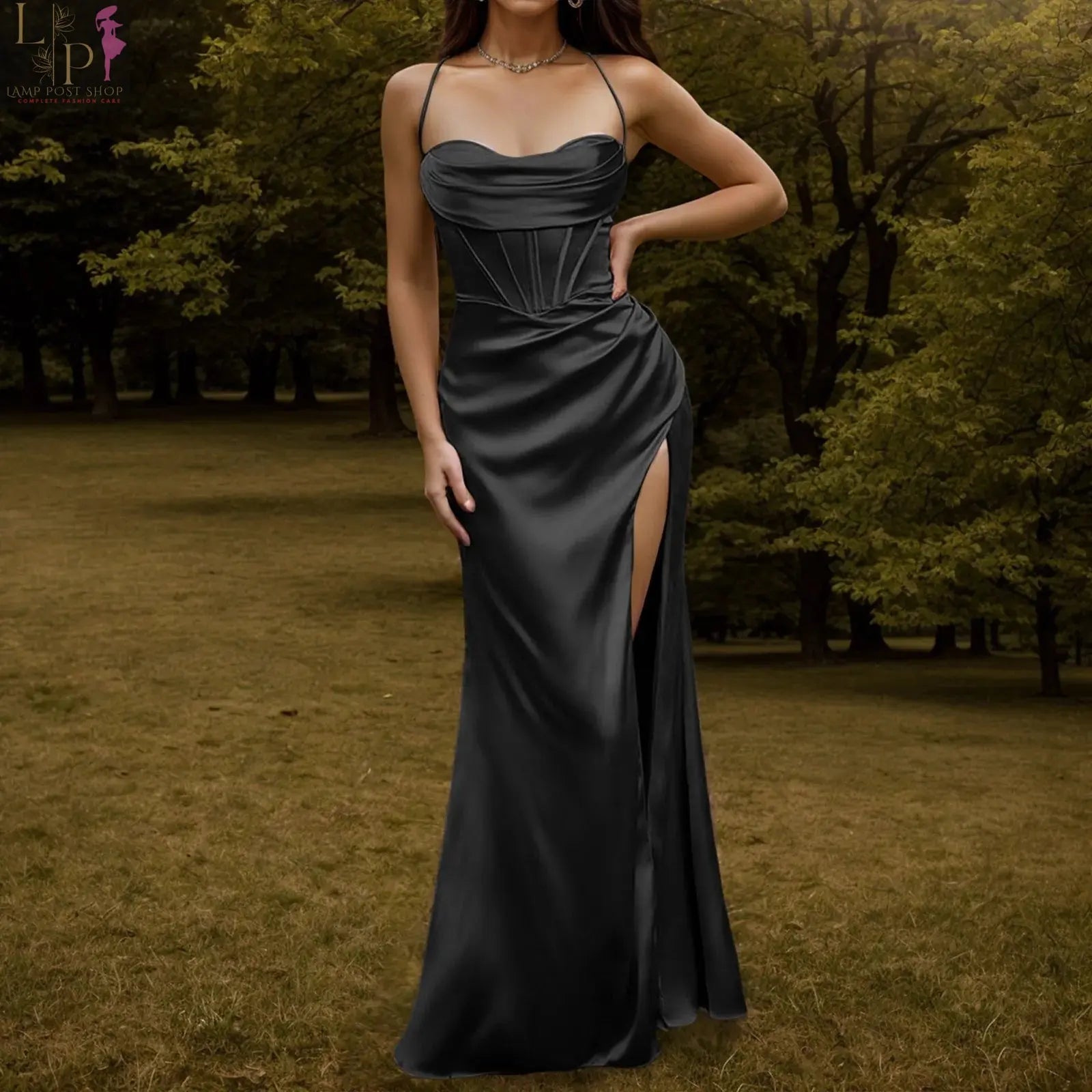 Beige women’s evening dress by Lamp Post featuring fishbone design, push-up style, bodycon fit, long elegant party dress.