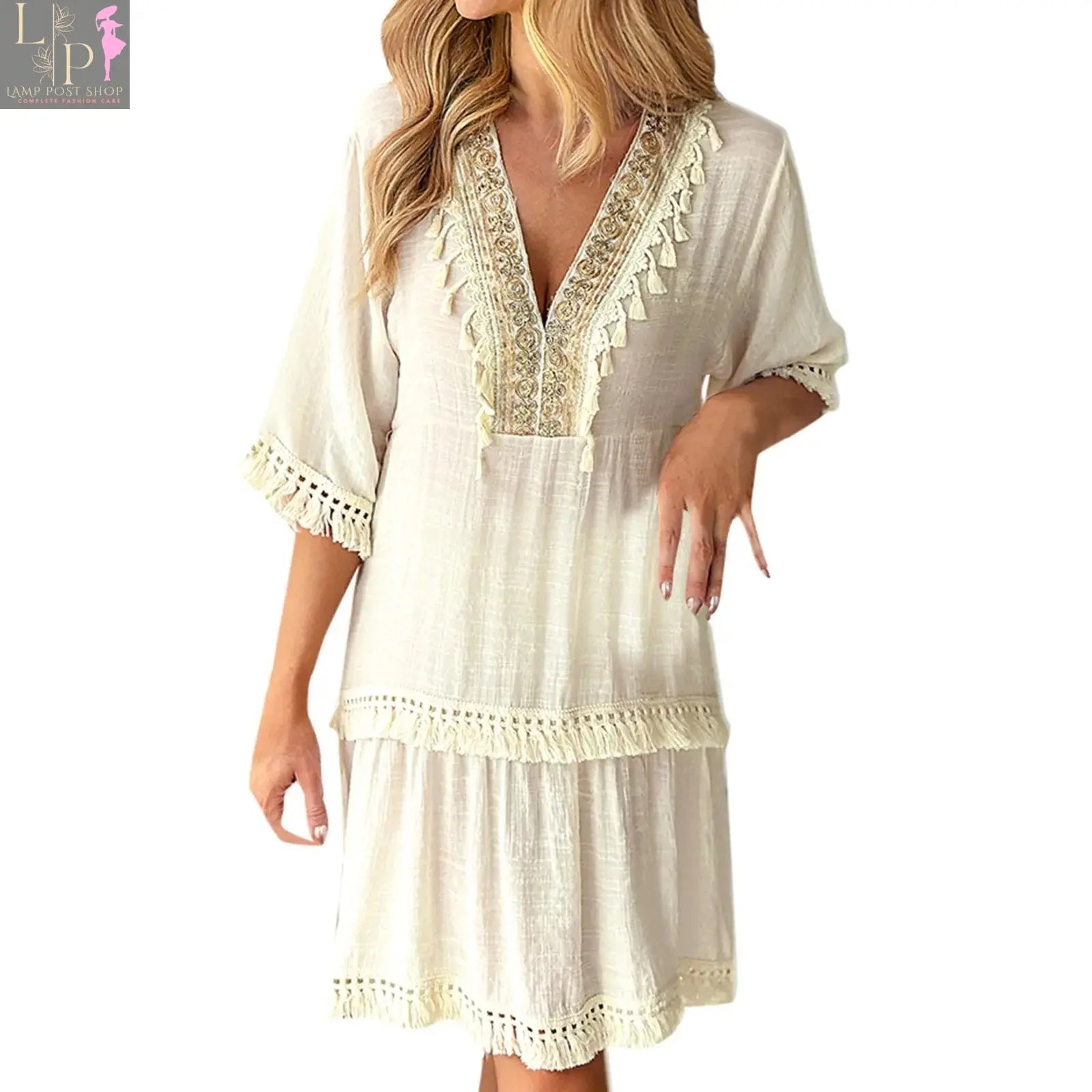 Beige boho women's clothing by Lamp Post, oversized XL style, casual and stylish, displayed on a hanger against a neutral background.