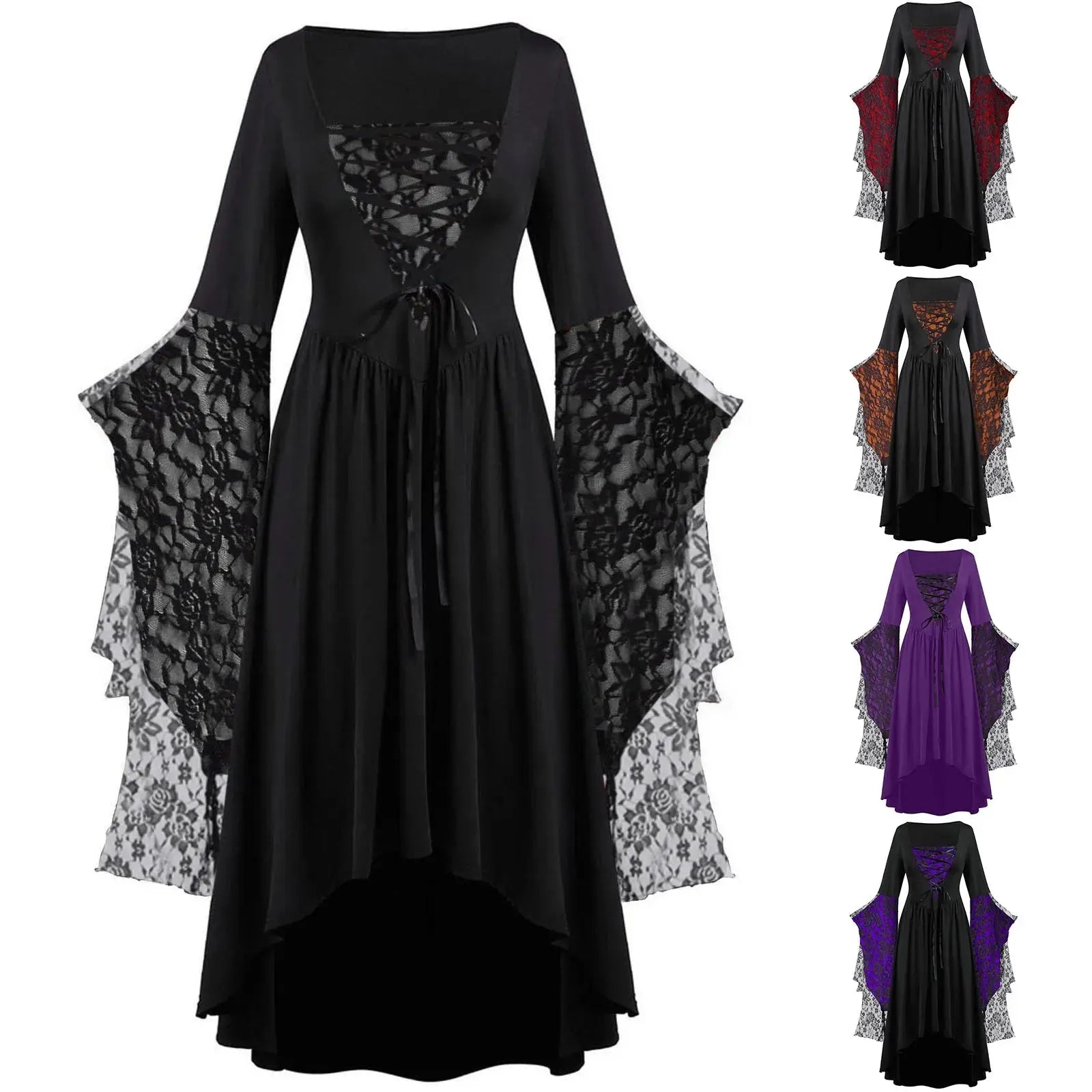 Lamp Post black vintage Gothic Halloween dress for women with trumpet sleeves, long silhouette, perfect for vampire or witch costume.