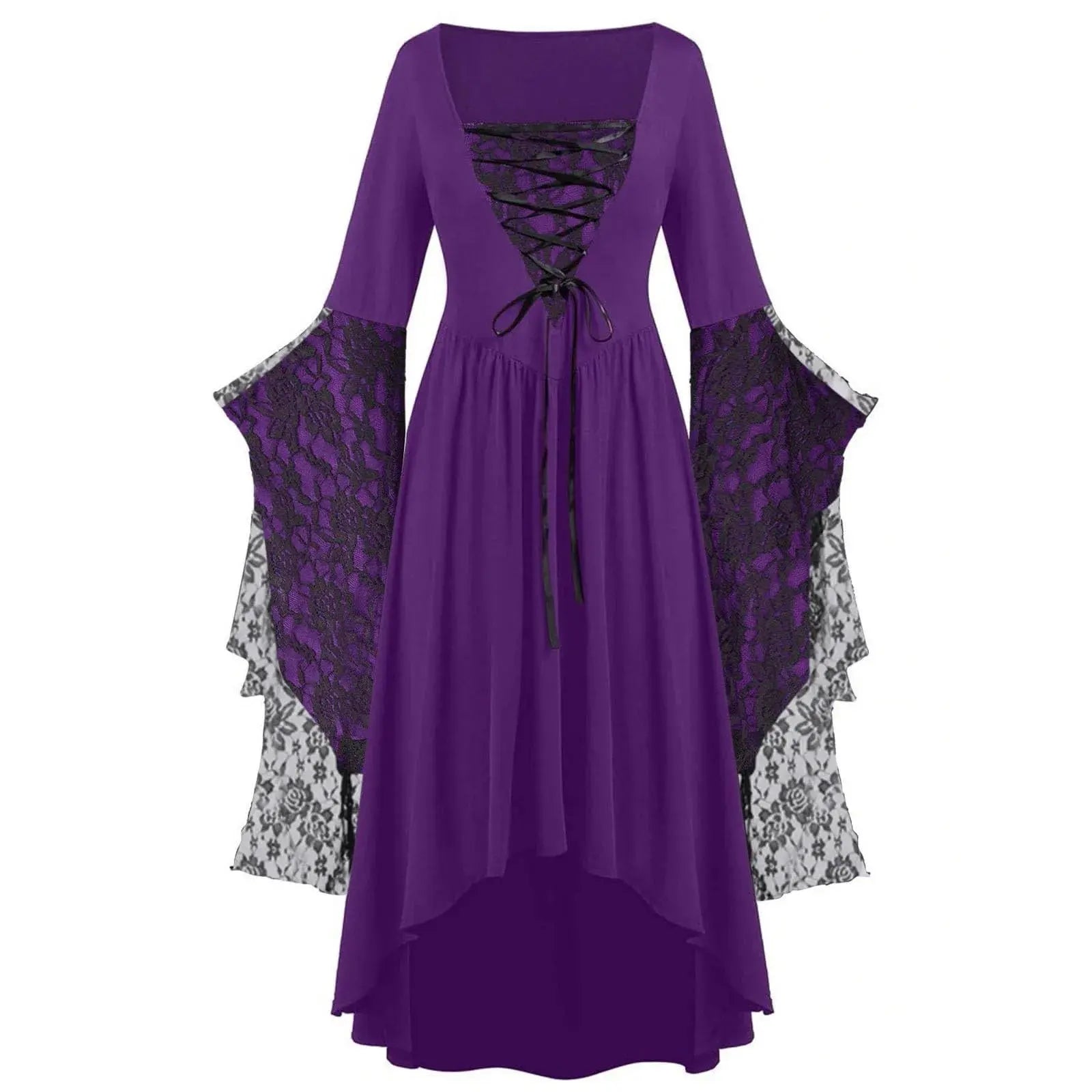 Black Gothic Halloween dress for women by Lamp Post featuring vintage witch and vampire style with trumpet sleeves and plus size fit.