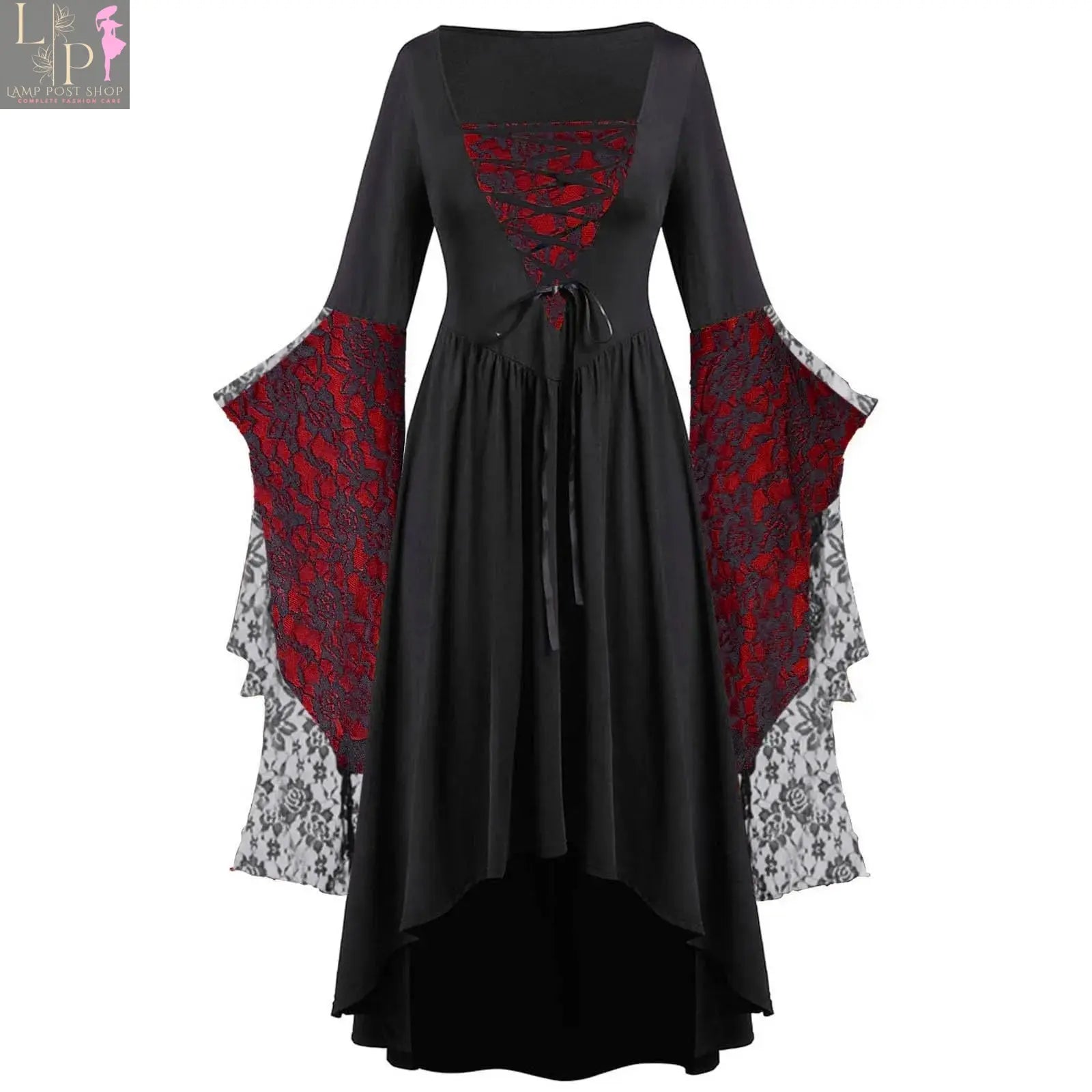 Lamp Post Gothic Halloween dress for women, vintage vampire style with trumpet sleeves, long plus size costume dress.