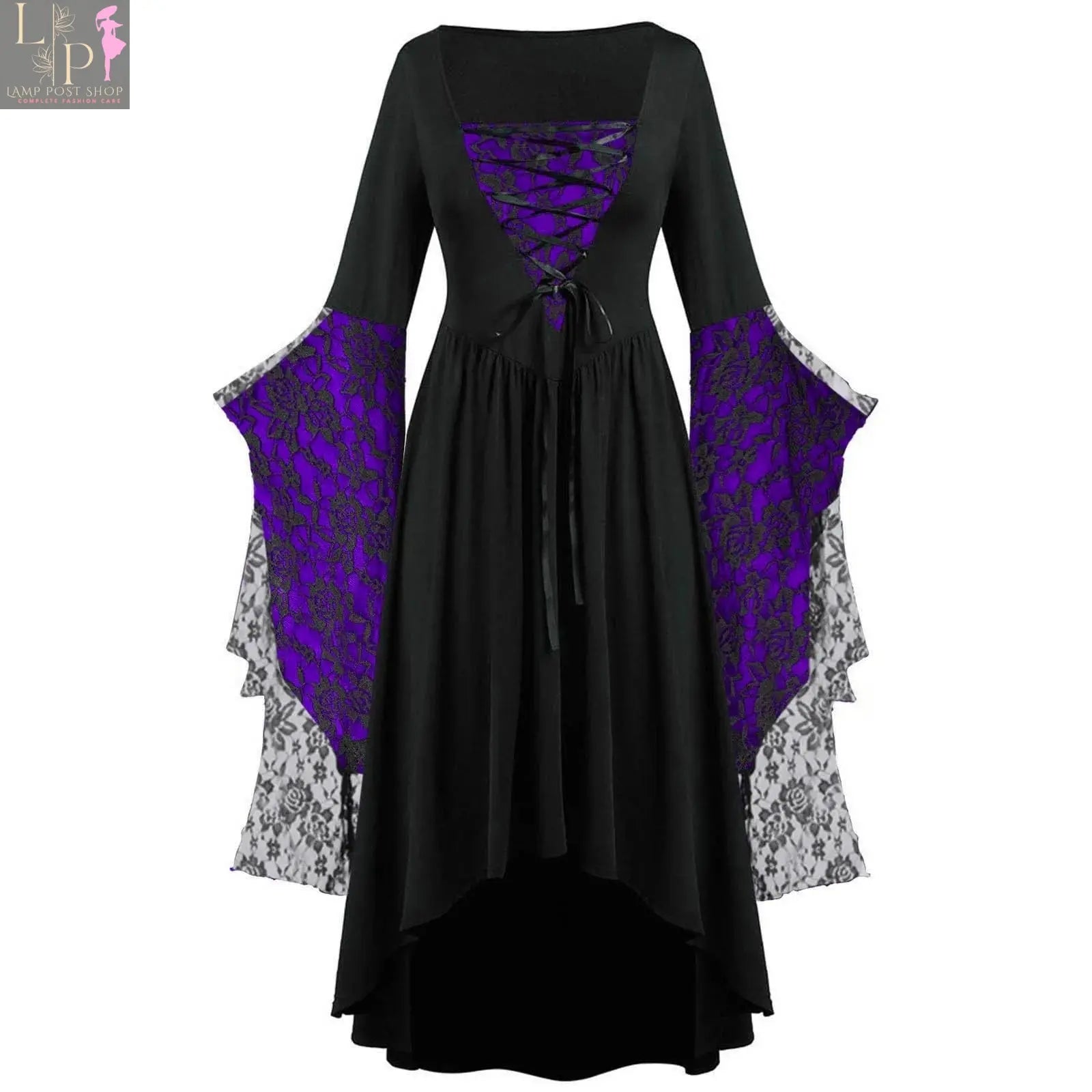 Lamp Post Gothic Halloween dress for women, vintage witch and vampire style, black plus size long trumpet sleeve dress for parties.