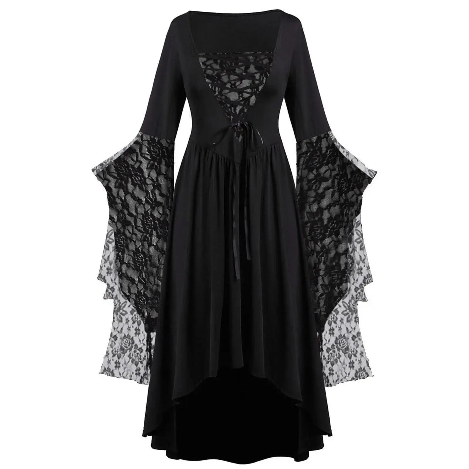 Lamp Post Gothic Halloween dress for women, vintage witch and vampire style with trumpet sleeves, plus size long carnival party dress