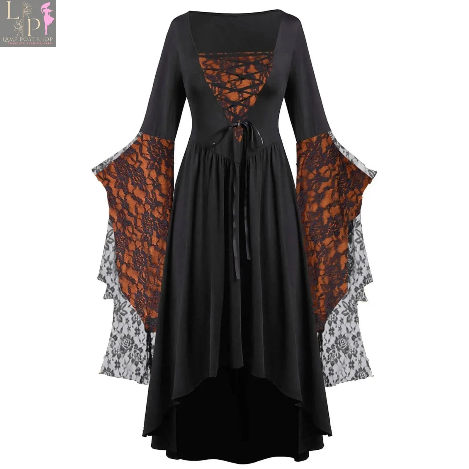 Lamp Post black Gothic Halloween dress for women, vintage witch and vampire style with trumpet sleeves, plus size long dress for parties.