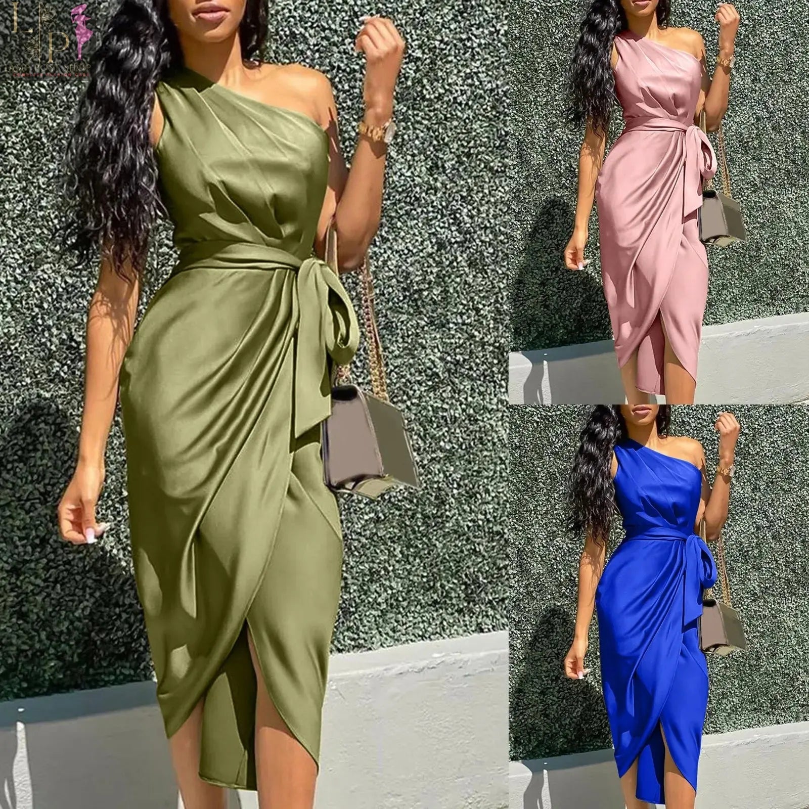 Women's green one-shoulder satin asymmetrical ruched midi dress by Lamp Post, perfect for evening parties and prom in plus size.