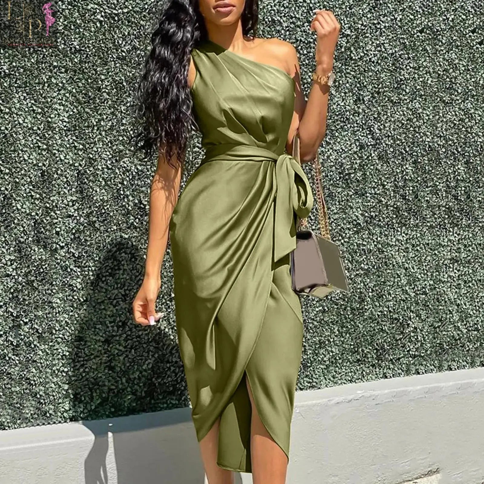 Women's green satin one-shoulder asymmetrical ruched midi dress by Lamp Post, perfect for evening parties and prom, plus size available.