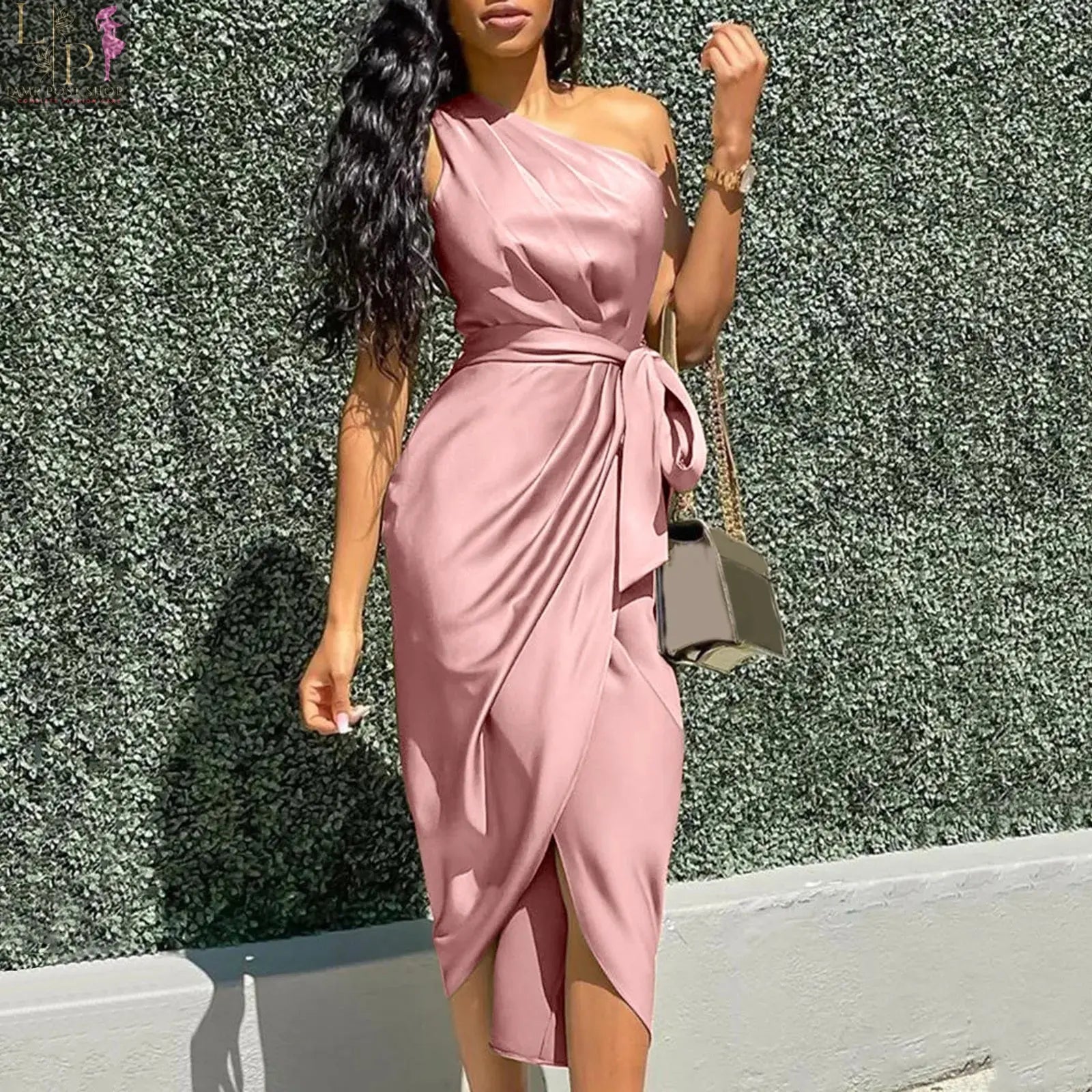 Women's green satin one-shoulder midi dress by Lamp Post featuring ruched design, bandage style, perfect for evening parties and prom.